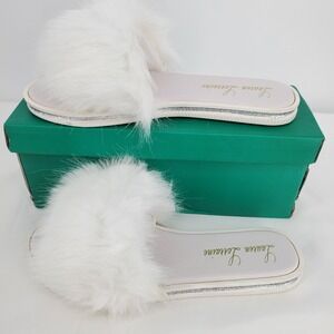 Lauren Lorraine Fluffy White Faux Fur Flat‎ Slides Sandals Slippers Womens M=8